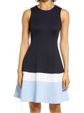 Eliza J Navy Fit-&-Flare Dress with White & Light Blue Bands size 8 #1291